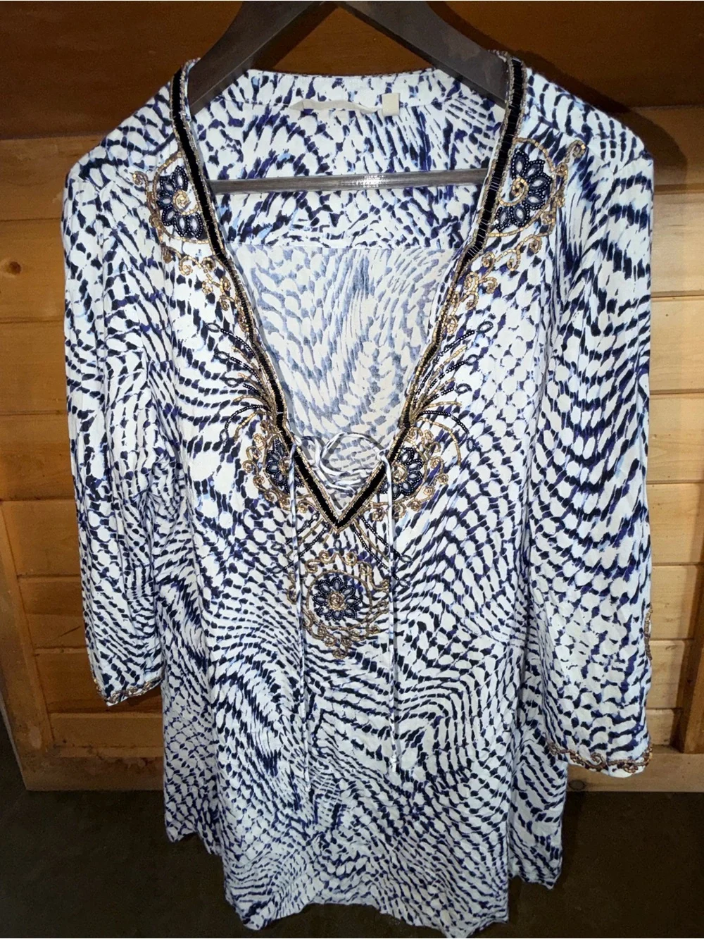 Soft Surroundings Navy and White Embellished V-Neck Tunic - Picture 1 of 3